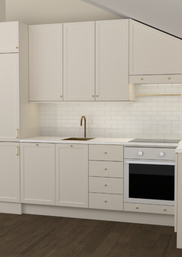 Pienen elegantin beigen värisen keittiön 3d mallinnus.